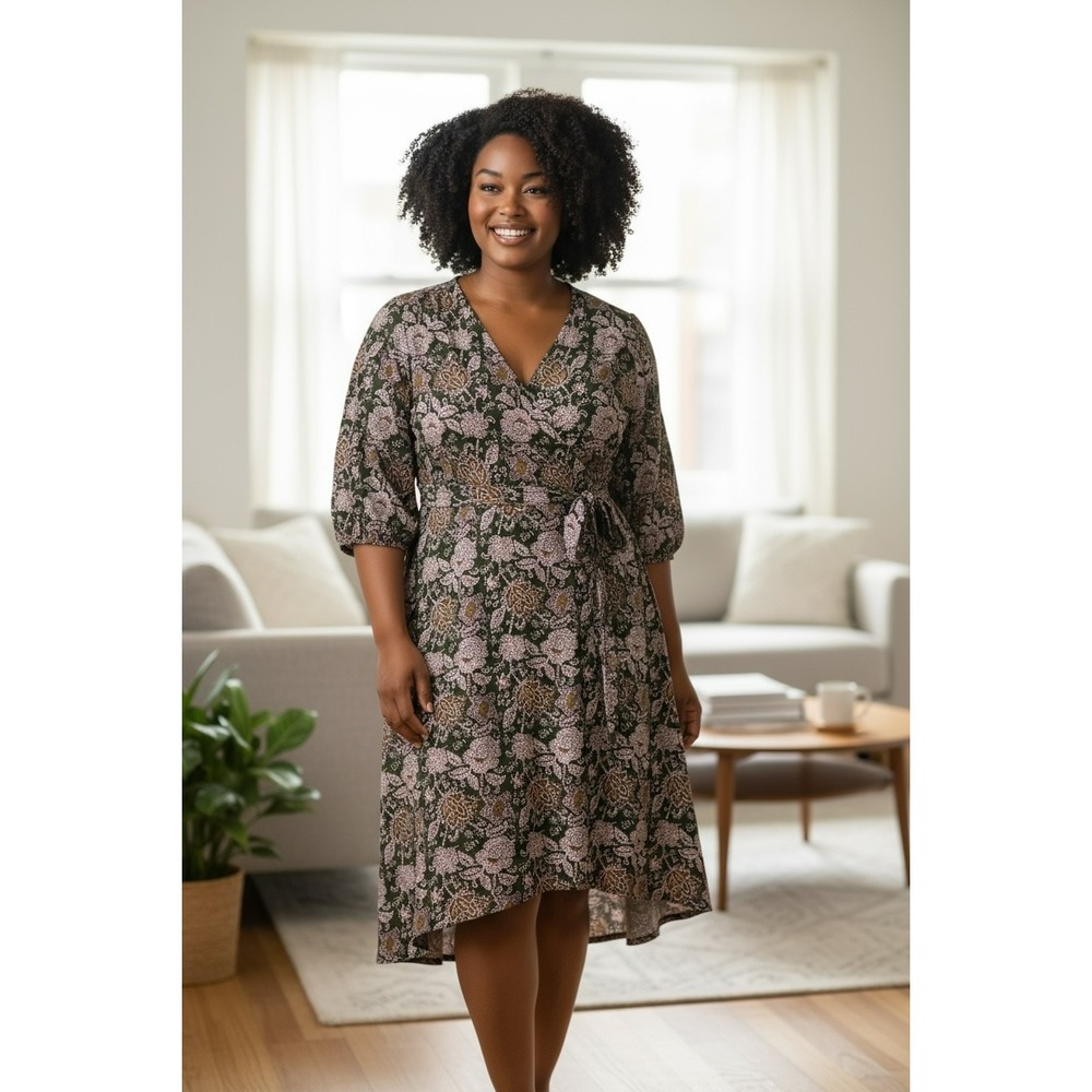 Gilli Faux Wrap Tie Front Green Paisley Midi Dress Size 3X Career Stretch Floral